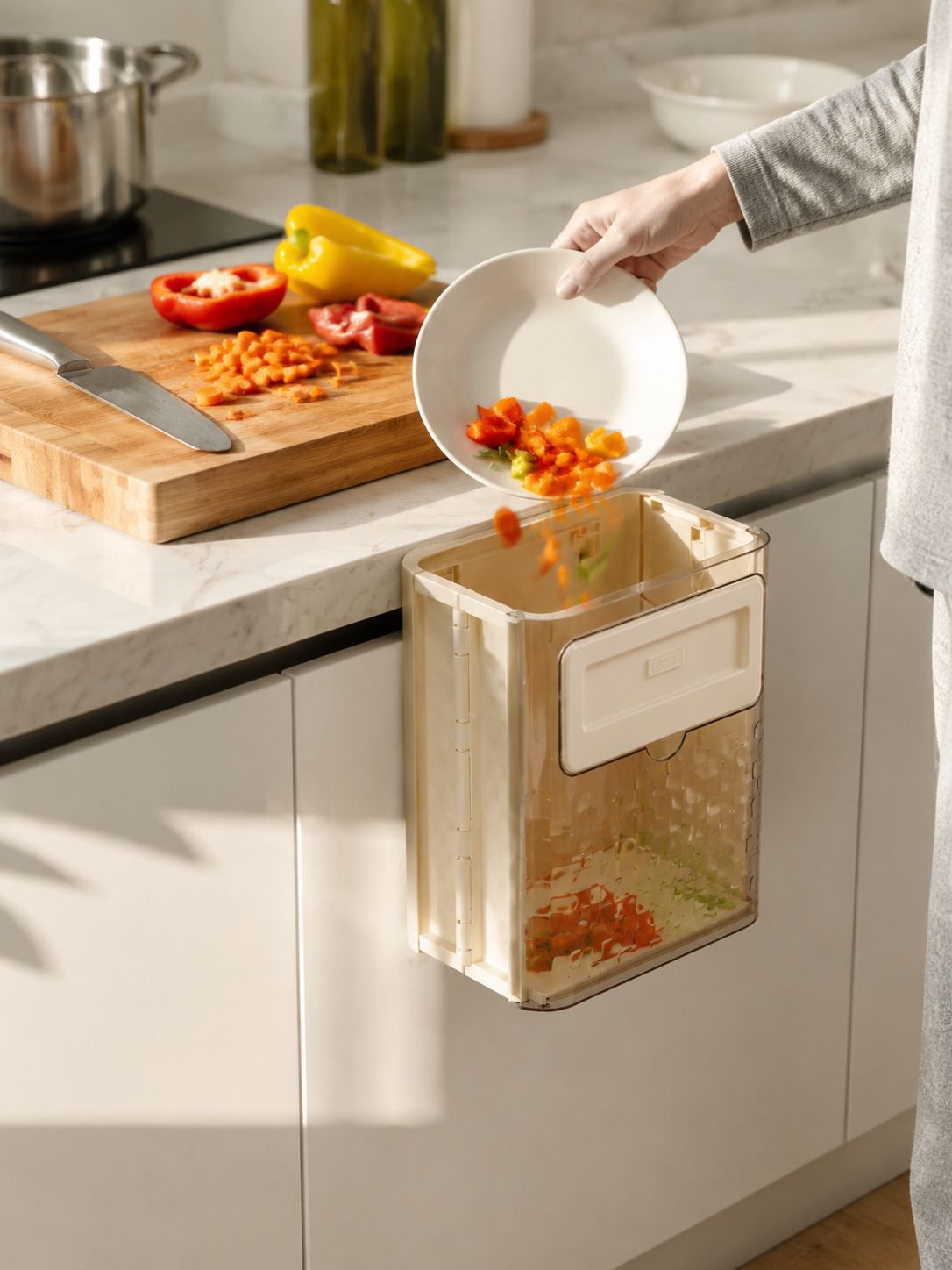 Folding kitchen trash can hanging on cabinet door