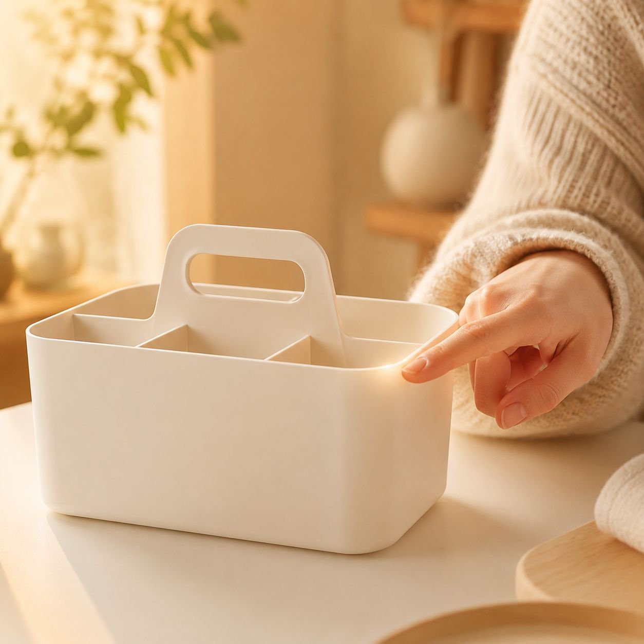 Desktop storage box holding pens and tools