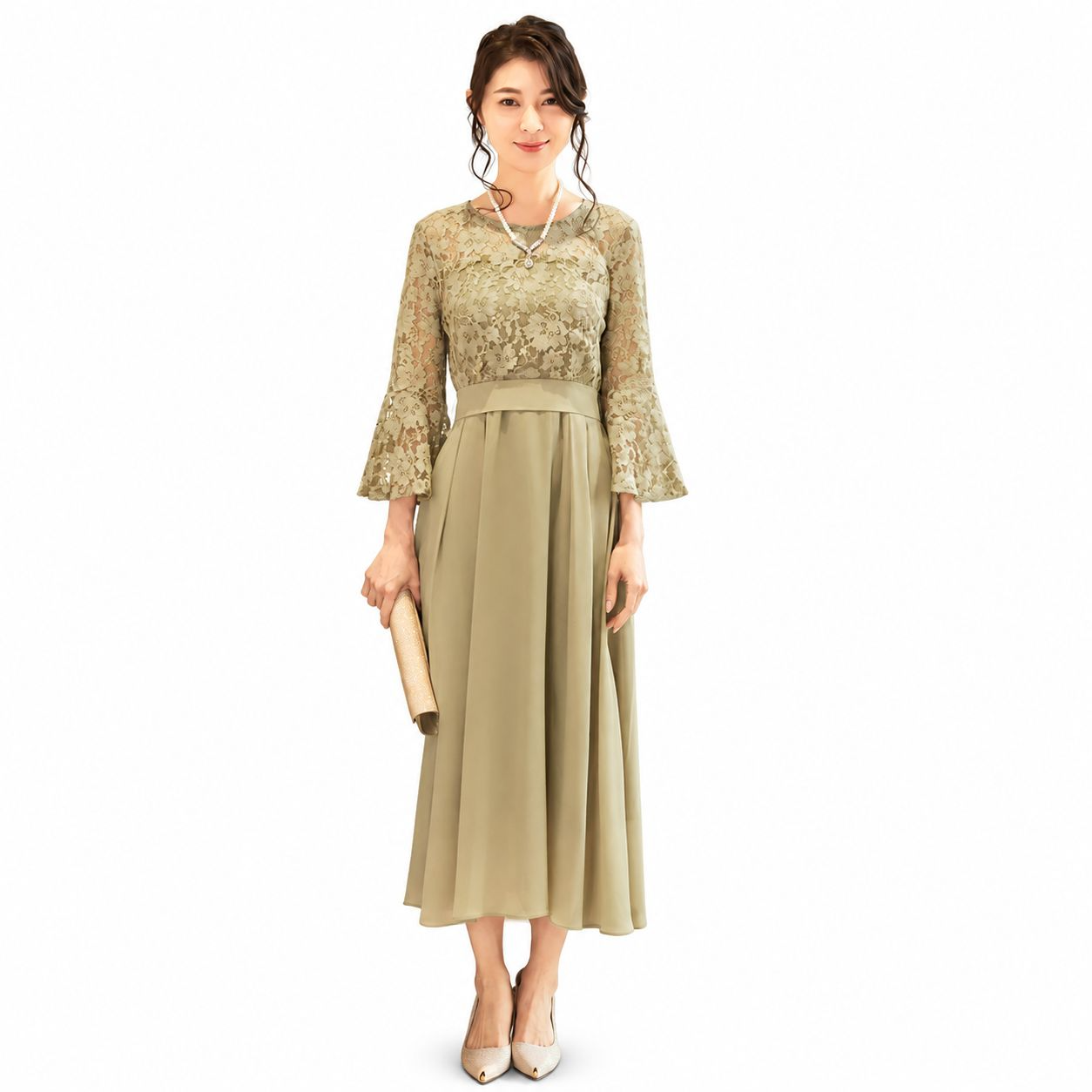Brelira-女士蕾丝拼接礼服连衣裙 七分喇叭袖 高腰蝴蝶结 长款雪纺裙 宴会婚礼聚会礼服