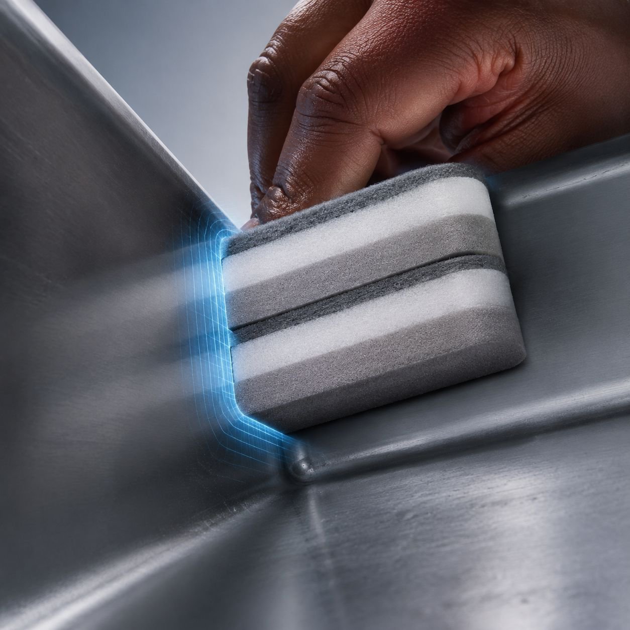 Close-up of sponge scrubbing a pan