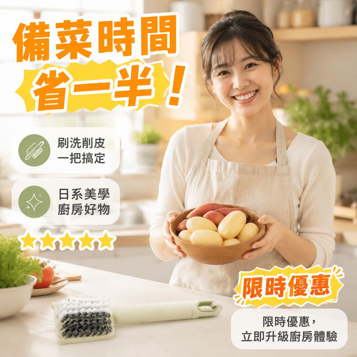 多功能蔬果刷、廚房刷、食品級清潔刷，集刮板、削皮器及刮擦功能於一體，不使用刷毛。