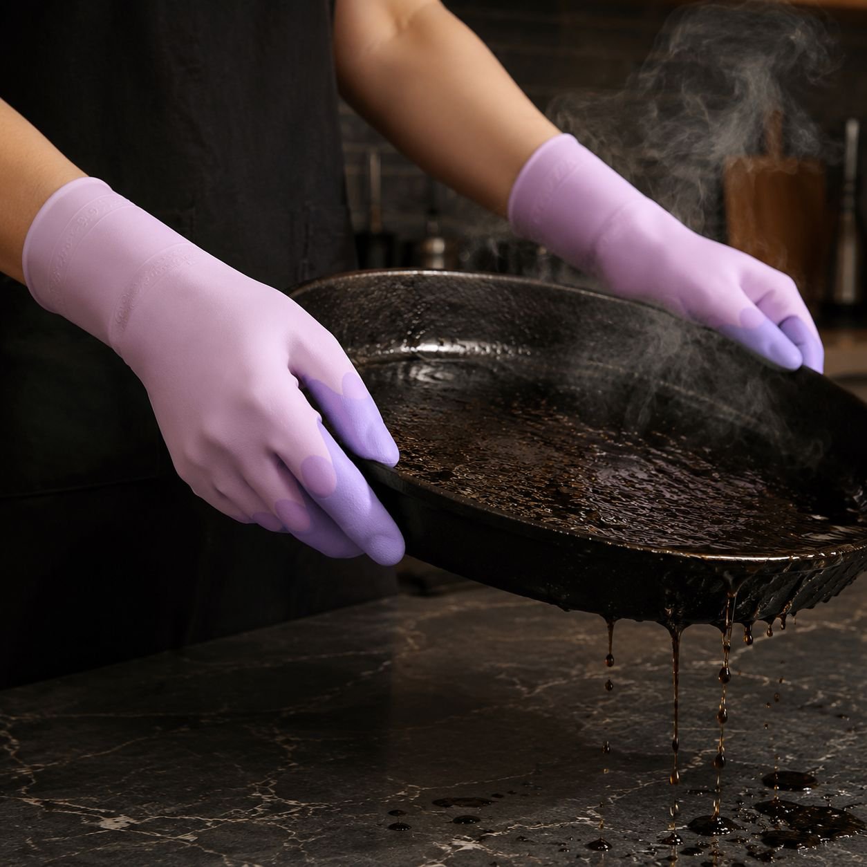 Wear-resistant reusable kitchen gloves in use