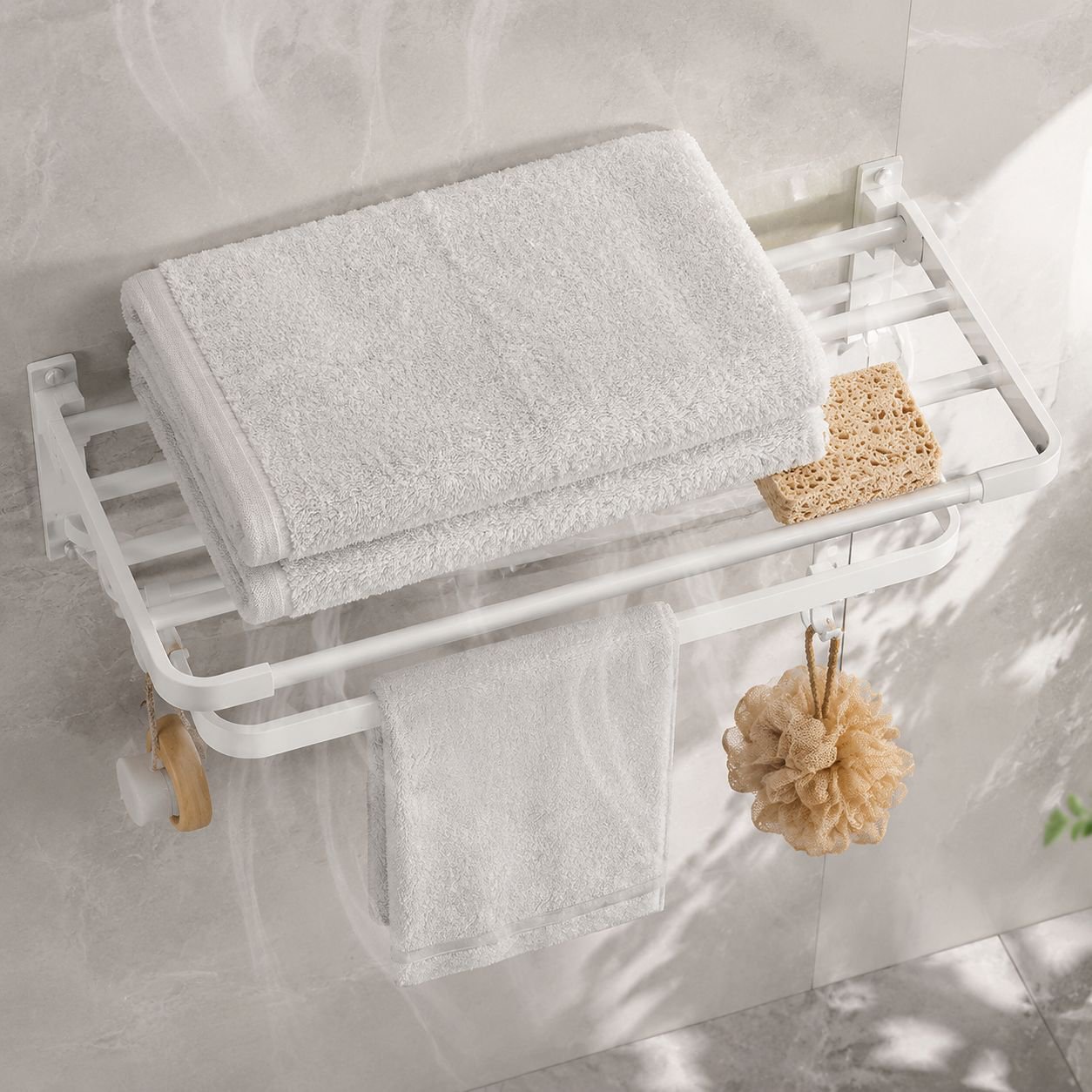 No-drill wall-mounted towel holder in white