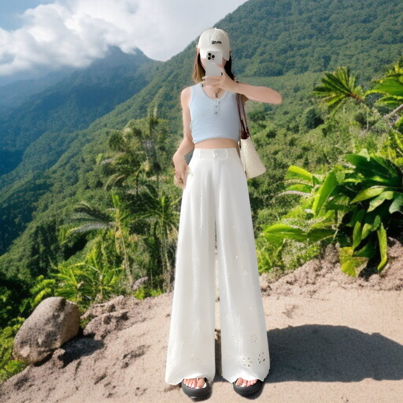 フックフラワーデザインのワイドレッグパンツディテール