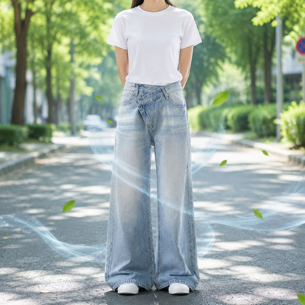 ハイストリート風斜めウエストデザインジーンズ、夏の新作男女兼用ストレートパンツ