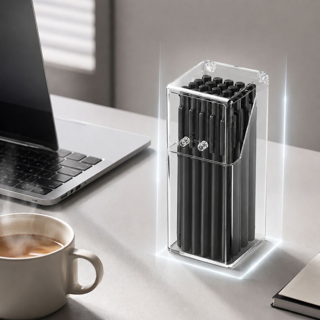 Flip-top acrylic pen holder, transparent square desktop organizer, mirror cabinet makeup brush stora