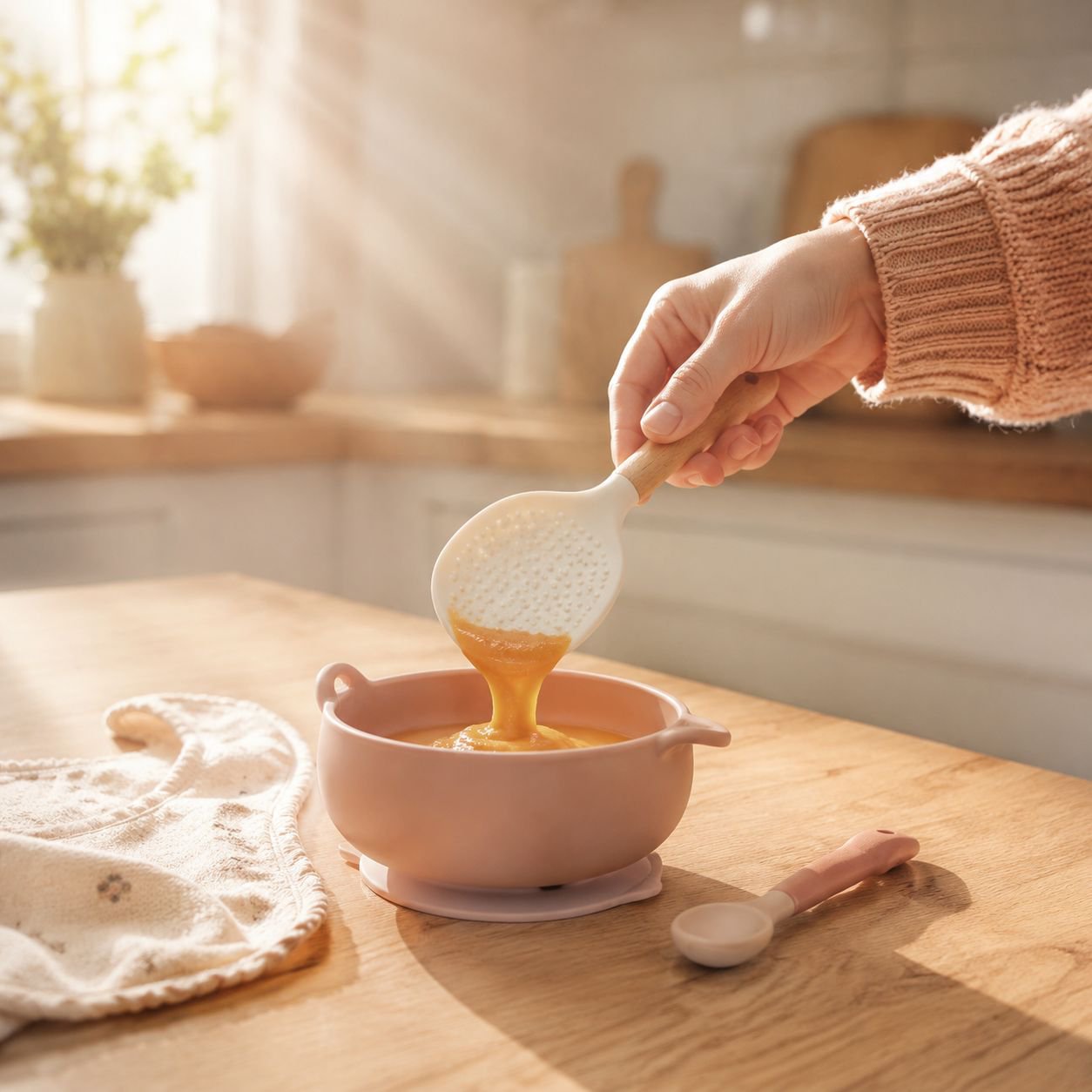 Curved design kitchen spoon for easy stirring