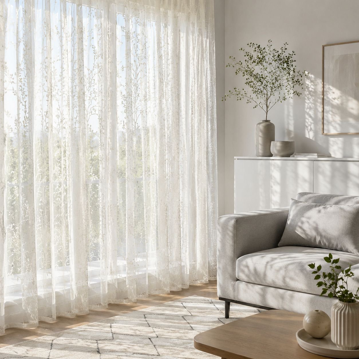 Home interior with tree branch blackout curtains