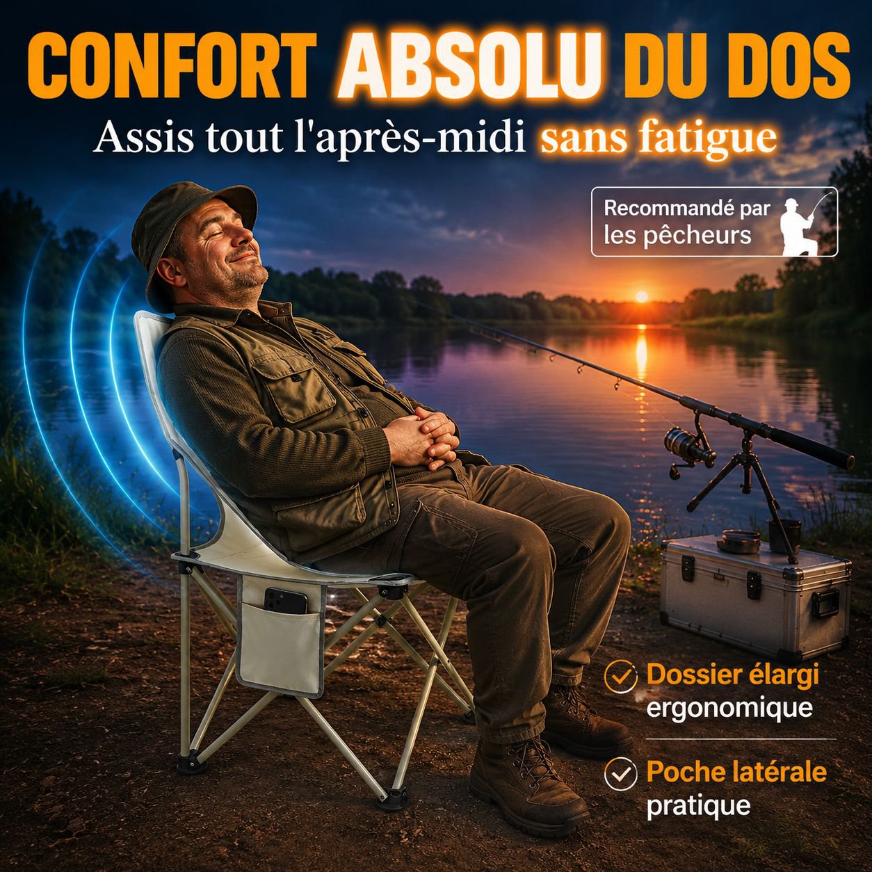 Chaise de pêche pliante extérieure avec dossier portable