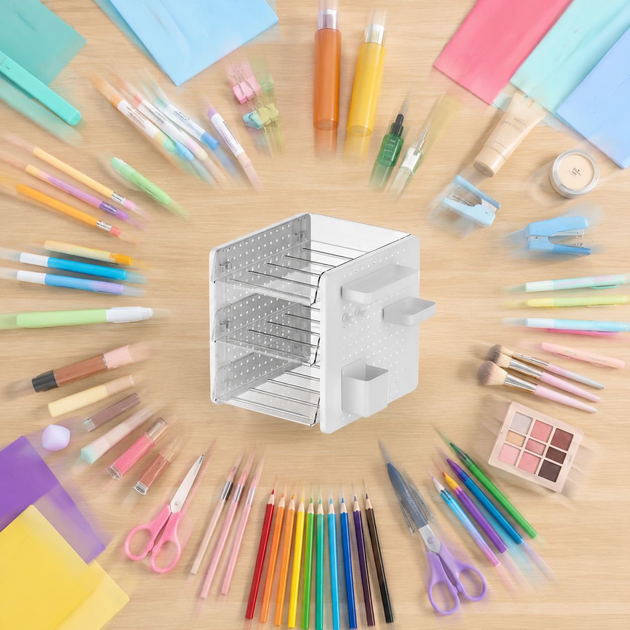 Top view of desk organizer with office and beauty essentials