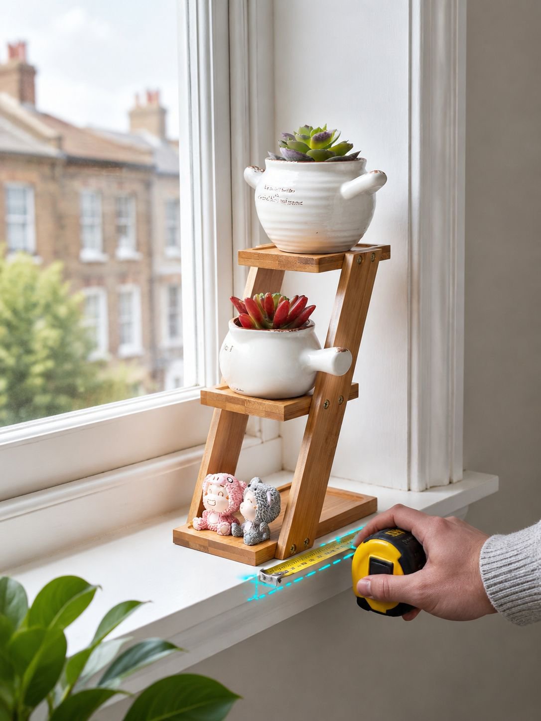 Desktop Bamboo Flower Stand with succulents on office desk