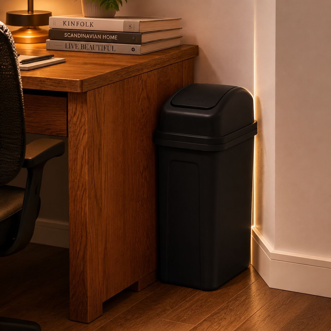 Space-saving living room trash bin with handle