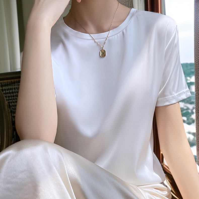 여하 루즈핏 뽕나무 실크 새틴 티셔츠 여 반팔 라운드 반팔 여름 여복 레깅스 아세트산 새틴 티셔츠