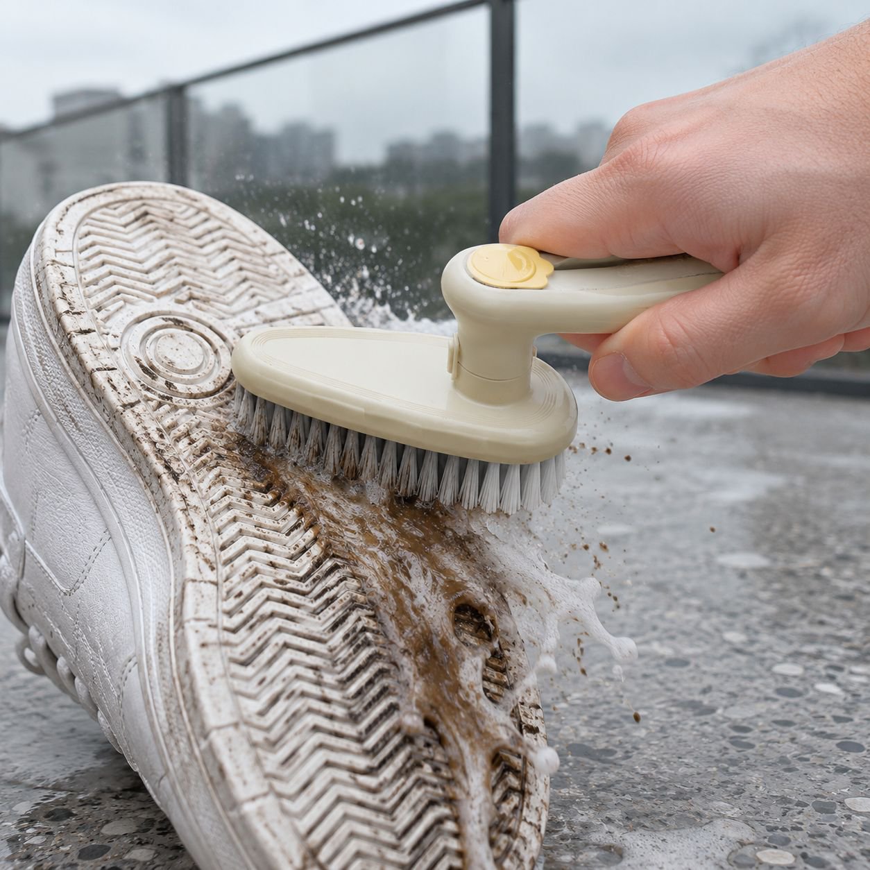 Stain remover brush in action on carpet