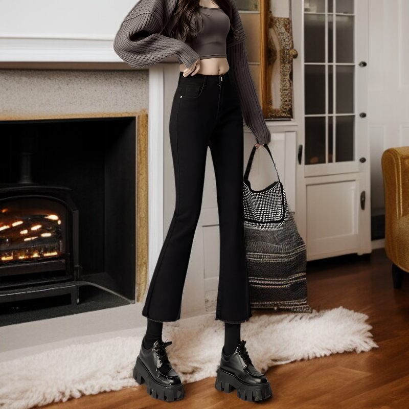 秋の新作黒フレアイミテーションジーンズ前面画像