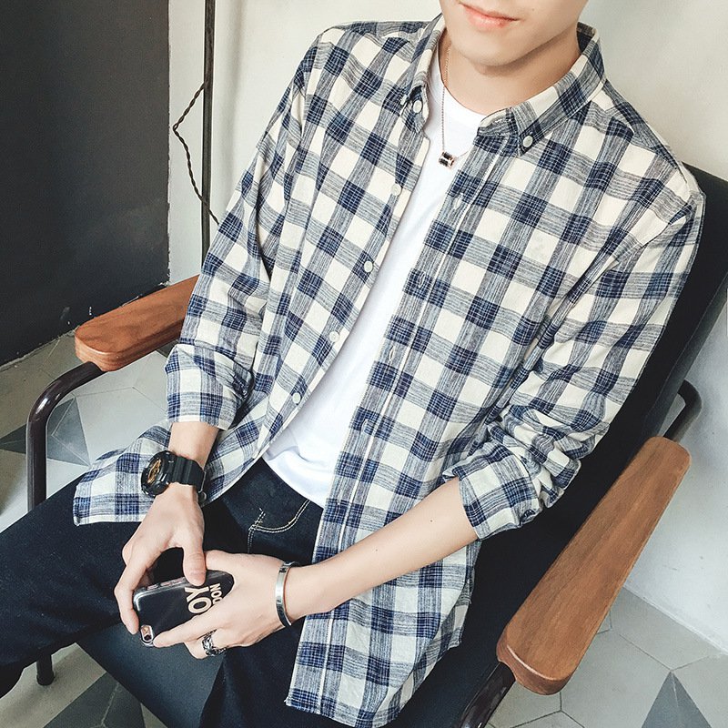 【メンズチェックシャツ】天然綿麻　優しい触感　サラサラ　カジュアル　着回し力抜群