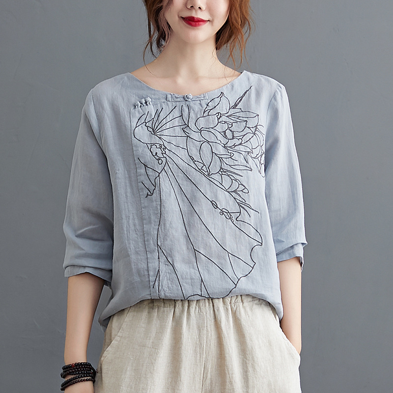 文艺棉麻长袖衬衫女