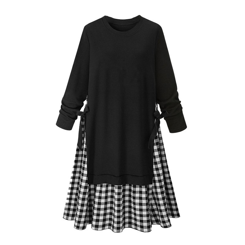【2018チェック柄長袖ワンピース】綿 カジュアル　痩せ見え　高く見え　快適