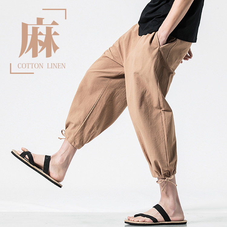 【メンズハロンパンツ】夏、ゆったり、大きいサイズ、リネン、コットン、七分丈パンツ