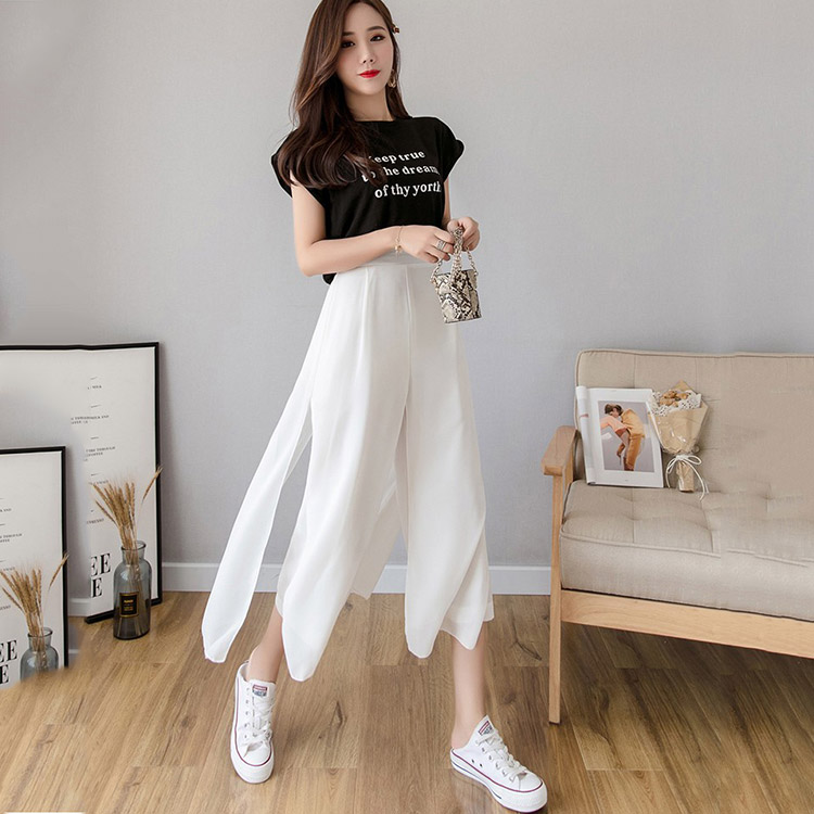 กางเกงขากว้างผ้าชีฟองสองชิ้นปลอม