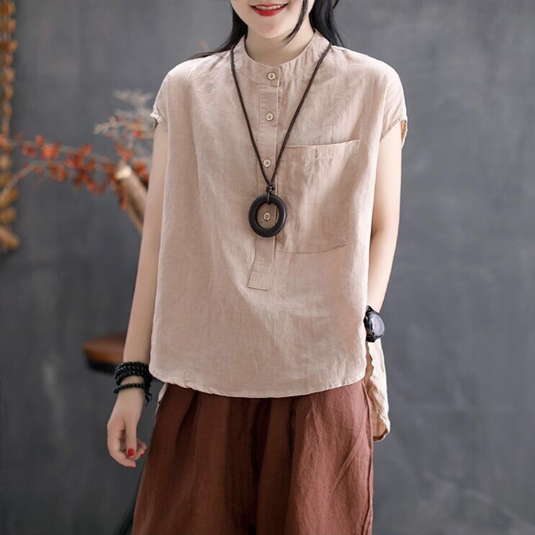 【綿麻ブラウス】天然健康綿麻、お肌にやさしい、通気＆涼しい、洗ってもシワになりにくい
