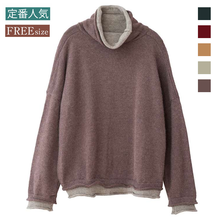 【ドルマンスリーブセーター】ニット生地　ふんわり暖かい　フェイクレイヤードデザイン　フリーサイズ　1枚で主役に！