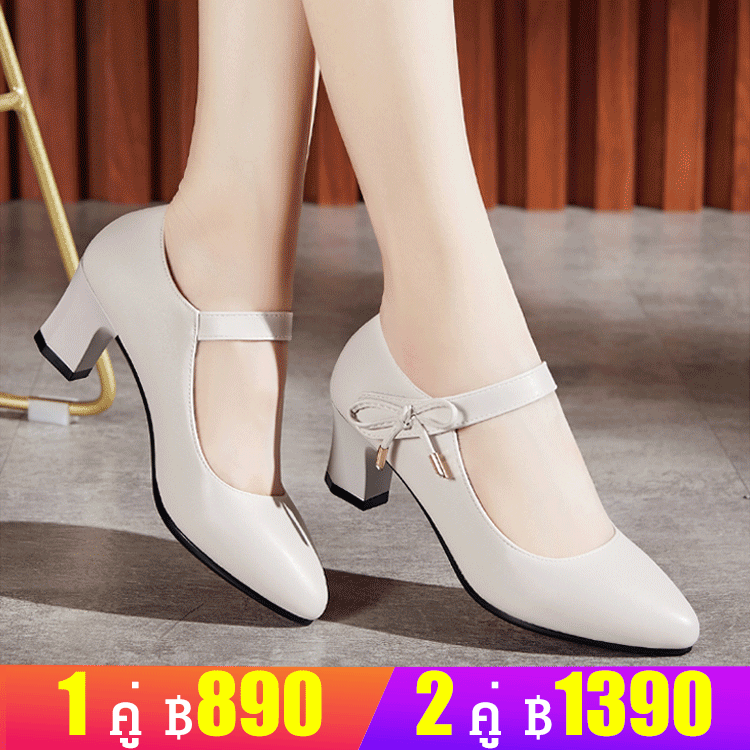 รองเท้าหนังแท้ส้นสูงปานกลาง พร้อมสายรัดหนัง
