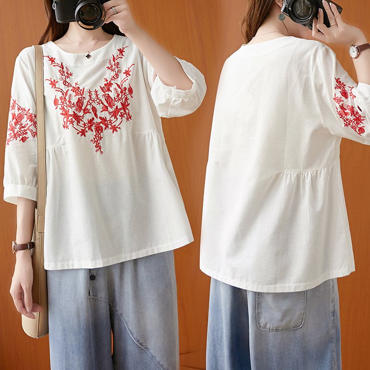 เสื้อยืดผ้าคอตตอนลินินผู้หญิง ปักลาย ทรง A