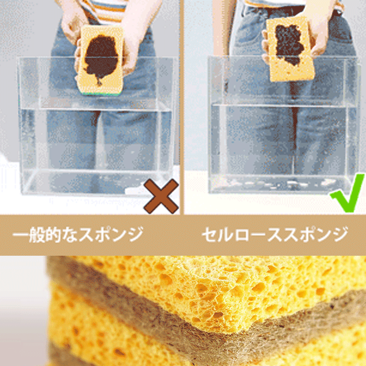 【キッチンスポンジ】油汚れスッキリ、天然素材だから、洗剤なしでも汚れを簡単に落とせる！