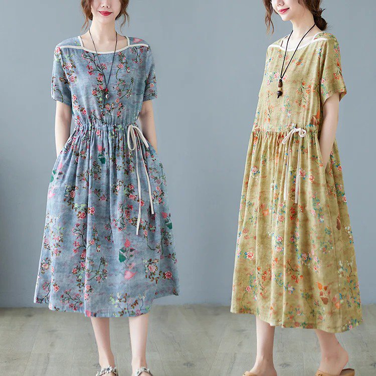 花柄綿麻ワンピース