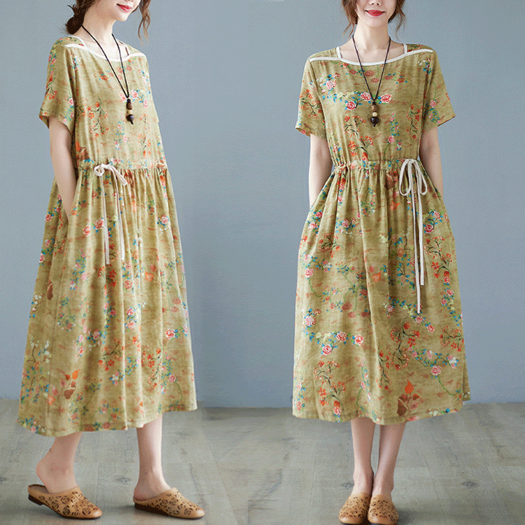 花柄綿麻ワンピース