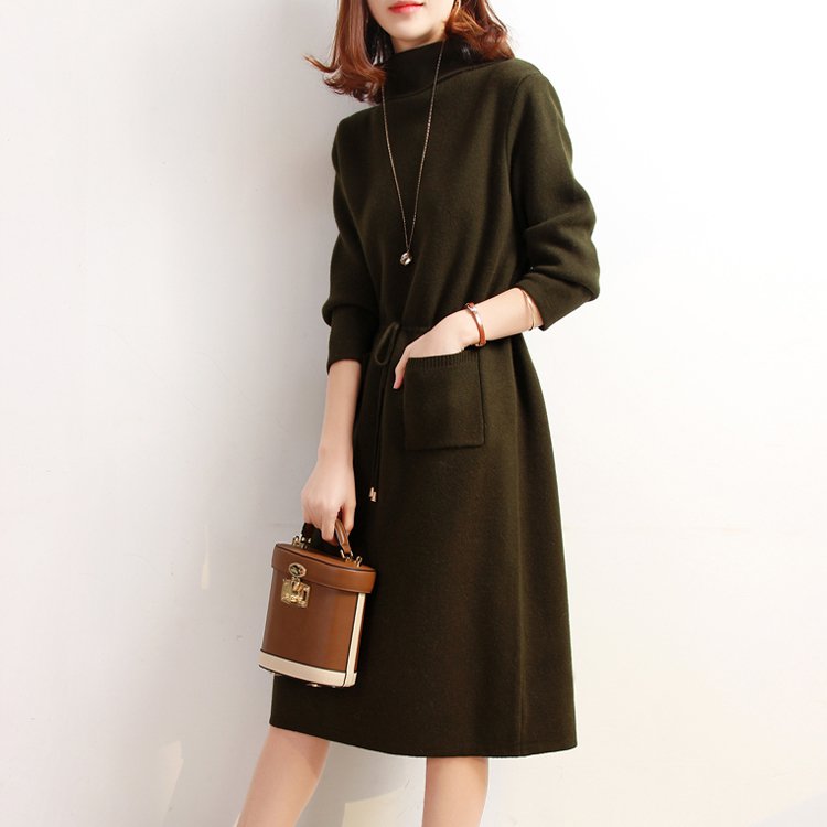 【カシミヤワンピース】ハイネック・ウエストマーク、着痩せ効果抜群、厳選された内モンゴル産高級カシミヤ、暖かい、体型を選ばない！