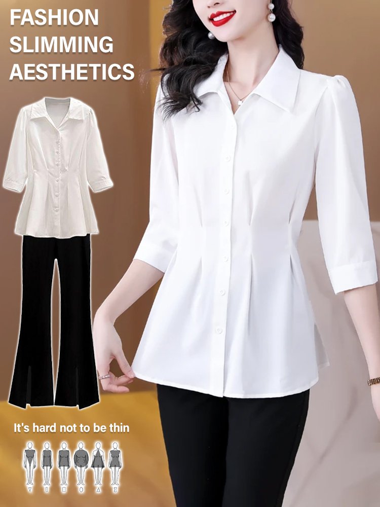 Shirt that conceals the belly and appears slimming, paired with versatile slit flared pants.