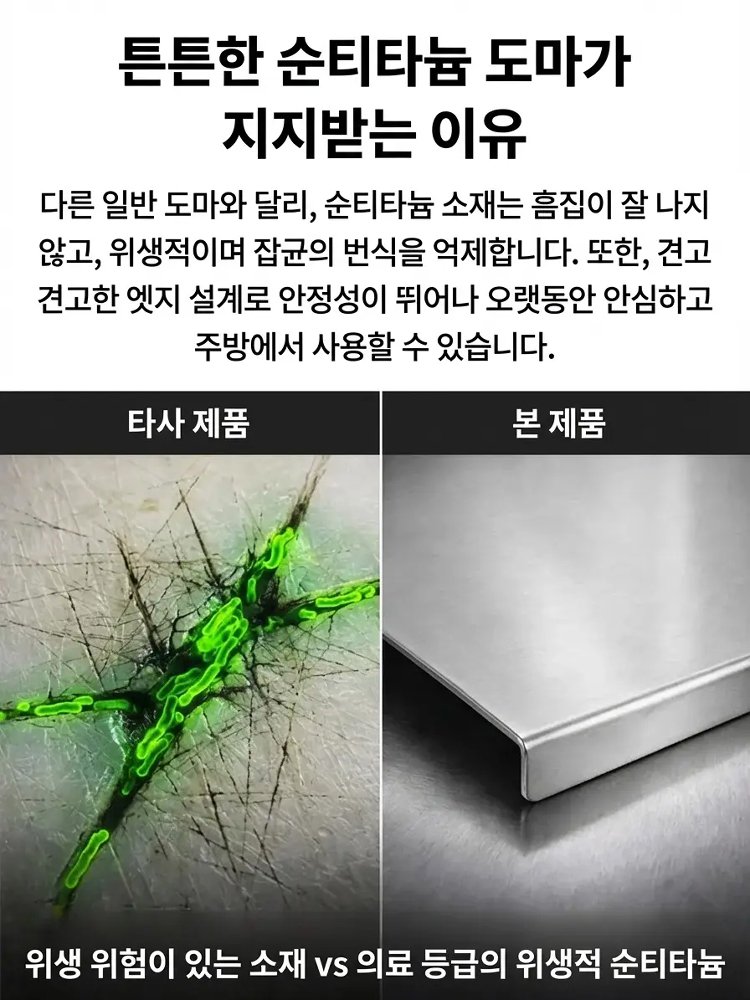 순수 티타늄 항균 도마는 무독성으로 중금속이 용출되지 않으며, 세균의 번식을 완전히 차단합니다!