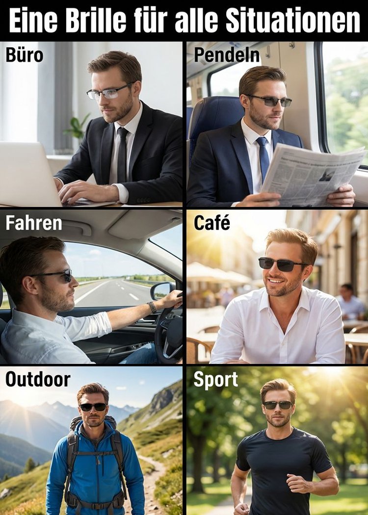 Intelligente, selbsttönende und ultraleichte Herrenbrille mit variablem Fokus