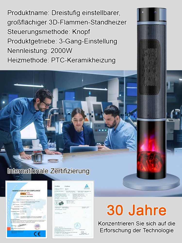 [1 Sekunde schnelles Aufheizen] Dreistufig einstellbare, großflächige 3D-Flammen-Raumheizung
