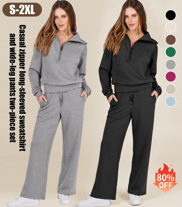 Casual Zipper Long Sleeve Sweatshirt Wide Leg Pants Two Piece Set