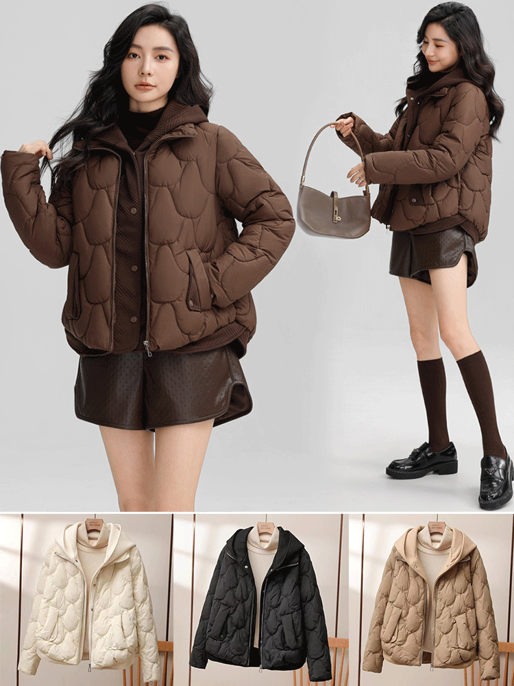 フード付きショート丈フェックレイヤードのダウンジャケット