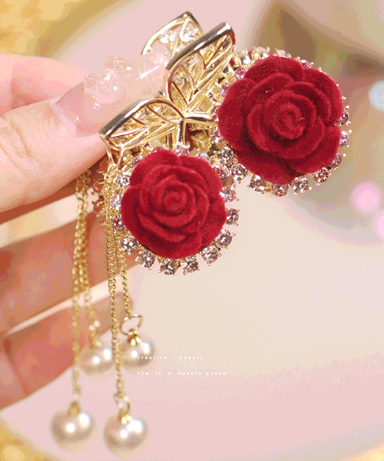 New Arrival High-end Rose Flower Tassel Hair Clip 