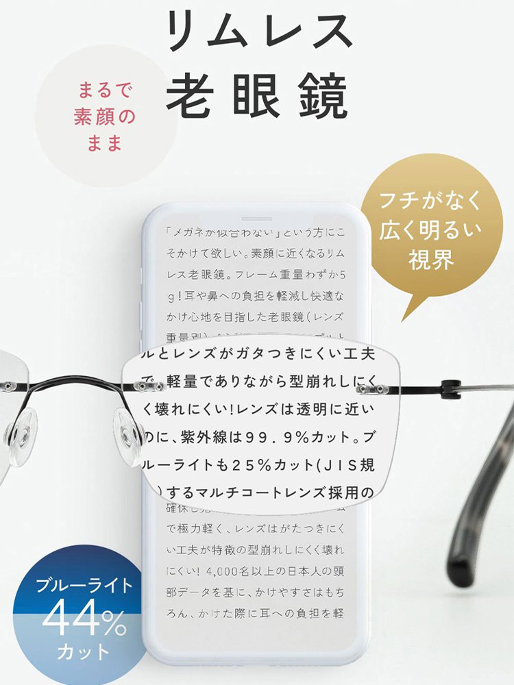 【福井県百年眼鏡工房】調光機能付き超軽量遠近両用リムレスチタン老眼鏡 