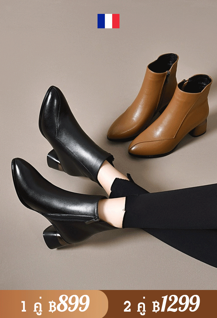 รองเท้าบูทส้นตันหัวแหลมหนังนิ่มผู้หญิง