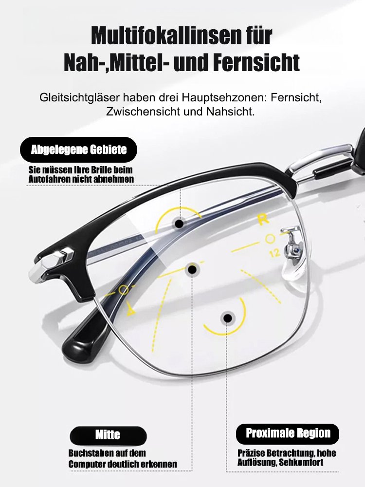 Automatische Zoom-Augenbrauenlinie Halbrahmen-Lesebrille mit Anti-Blaulicht