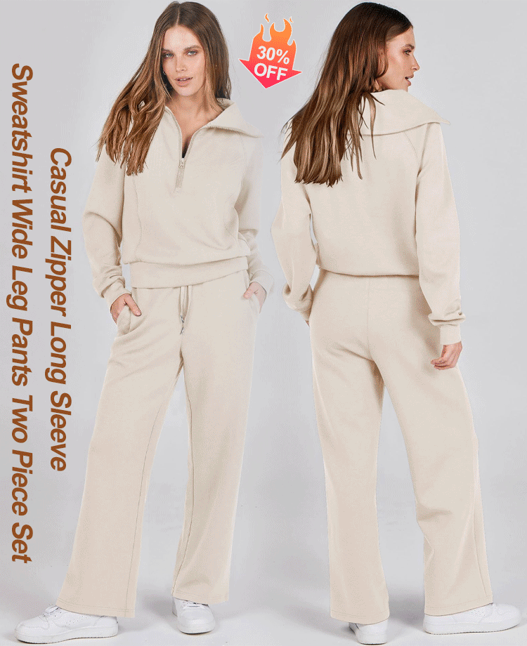 Casual Zipper Long Sleeve Hoodie and Wide Leg Pants Two-Piece Set