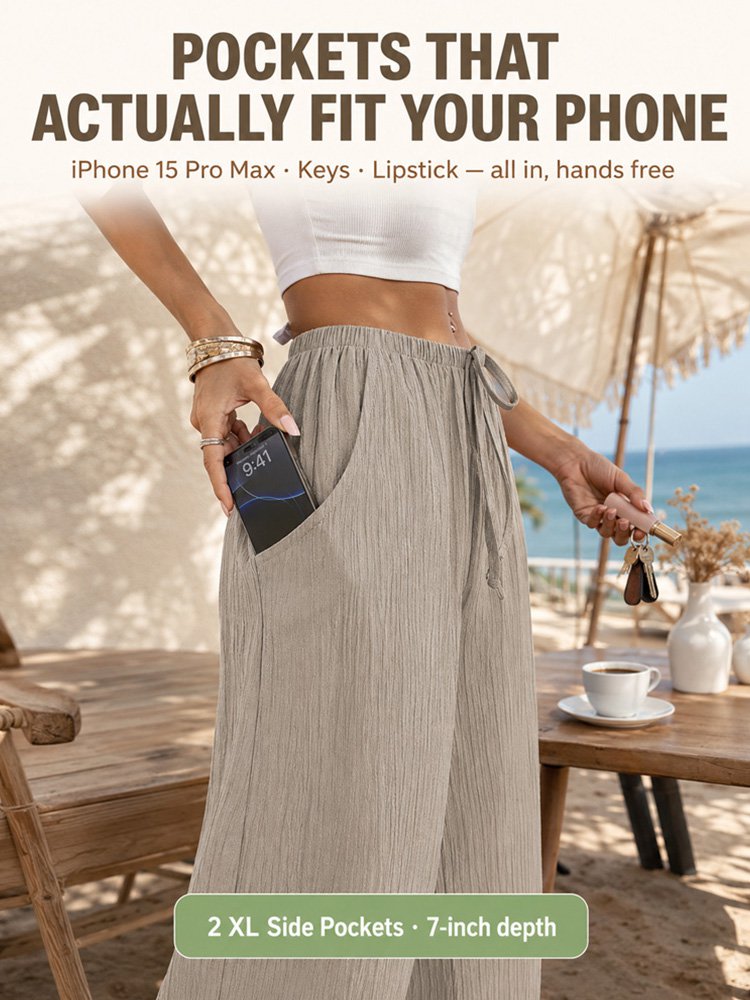 High-waisted drawstring pocket linen casual pants
