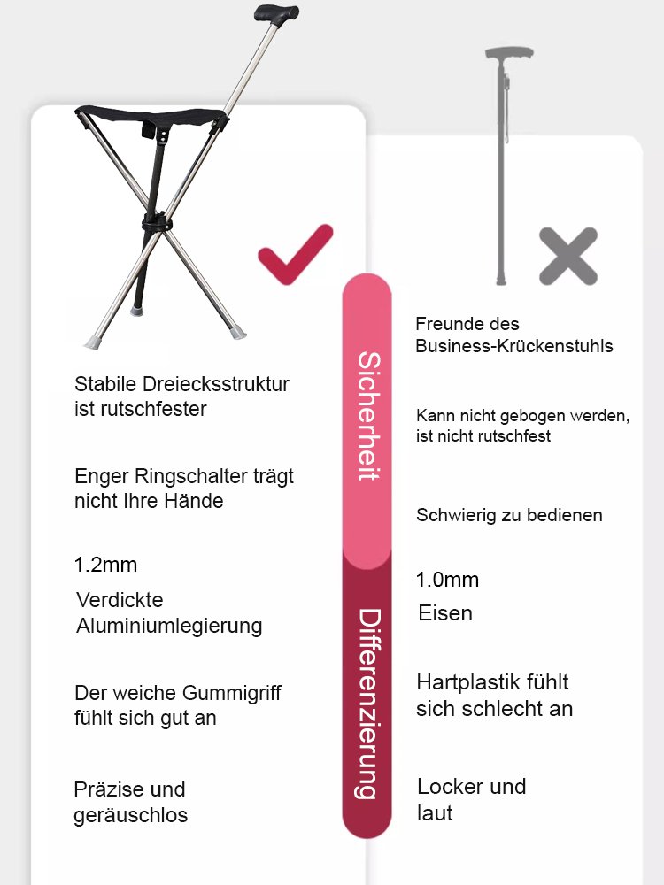 【Leichter Gehstock】In 1 Sekunde zu einem Stuhl entfaltet, trägt bis zu 150 kg.