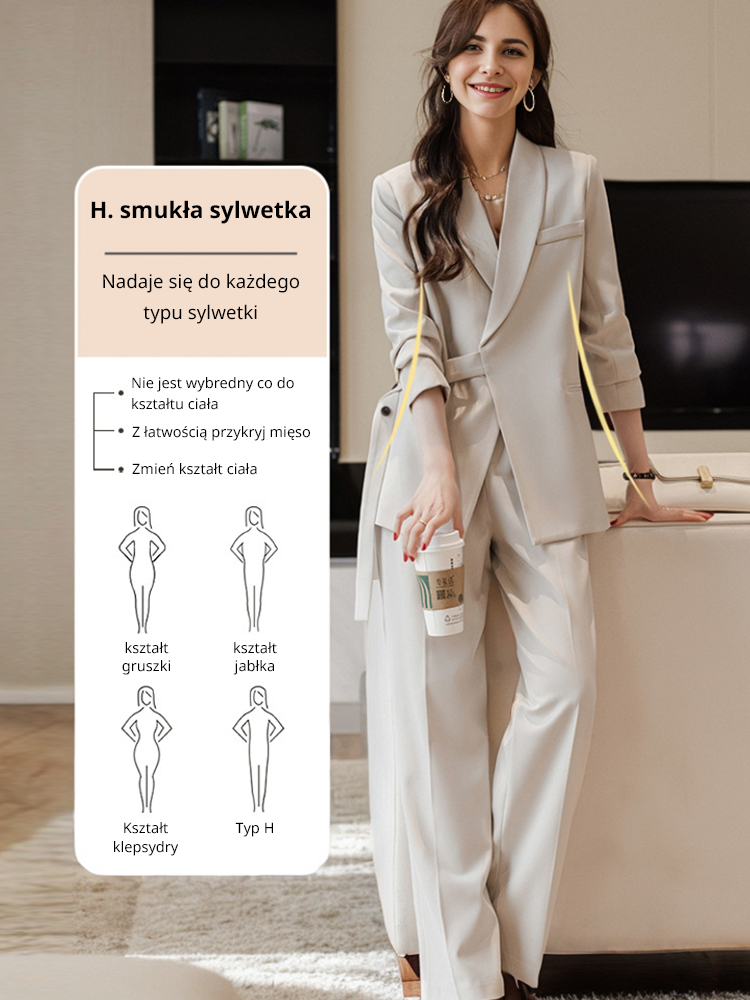 Zaprojektowany sznurowany garnitur w połączeniu ze spodniami z szerokimi nogawkami