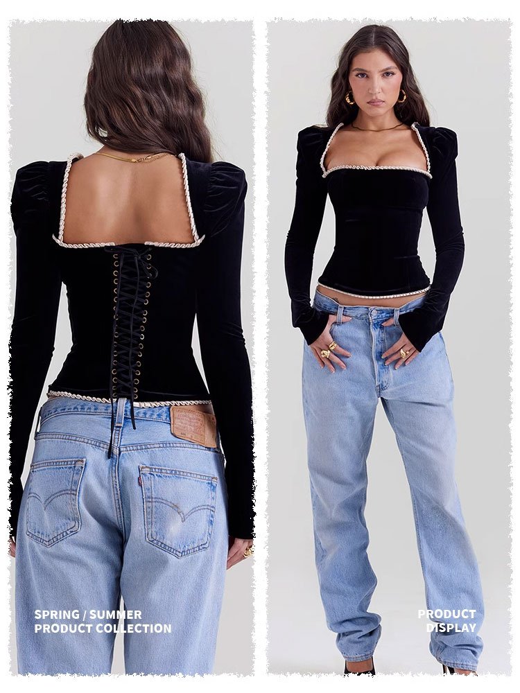 French style square neck sexy backless strappy T-shirt