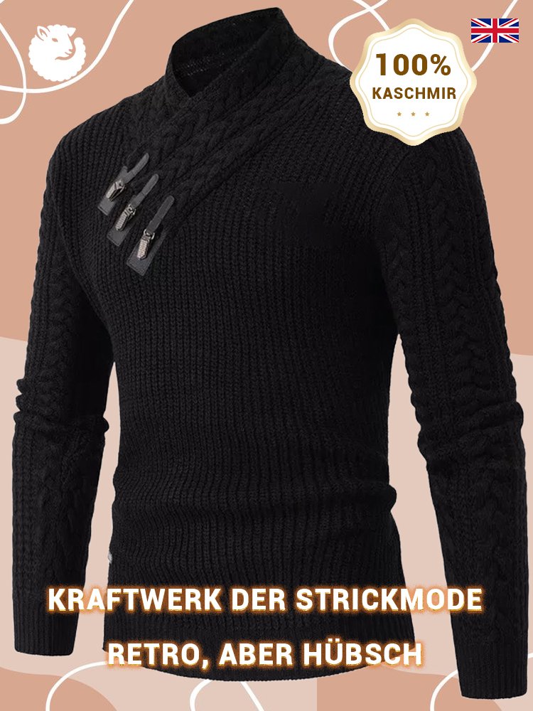 Herren-Kaschmirpullover mit Lederknopf-Schrägkragen