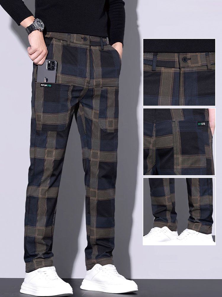 남성용 캐주얼 체크무늬 6포켓 스판 스트레이트 팬츠