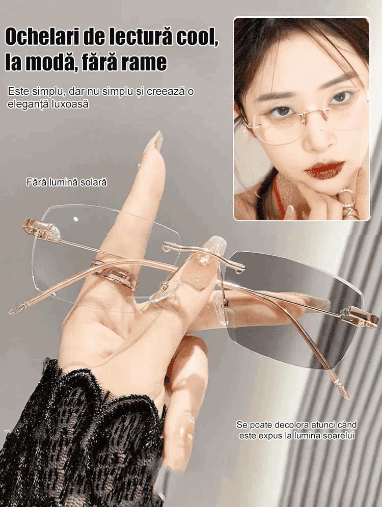 Ochelari pentru presbiopie cu zoom fără jante care schimbă culoarea 【Model pentru bărbați și femei】